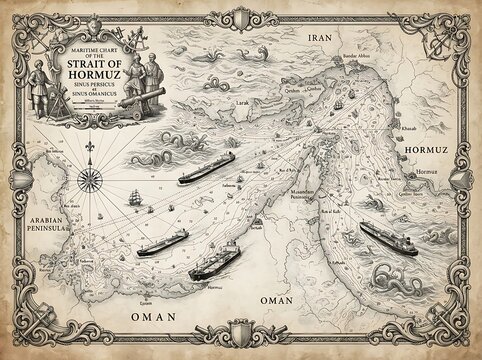 Vintage cartographic nautical map of the strait of hormuz region with nautical, cartography