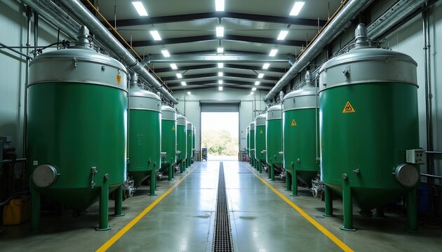 Industrial olive oil production plant features rows of large green metal malaxer tanks. Modern automated factory equipment blends crushed fruit pulp for extraction process. Stainless steel machinery