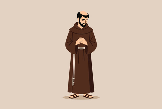 Franciscan monk with a tonsure hairstyle wearing a traditional brown habit standing and praying with hands clasped.