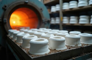 Plakat White ceramic parts bake inside industrial kiln at high heat factory facility. Machine workers fire clay product items in hot oven furnace for hardening. Pro manufacturing process makes sanitary ware