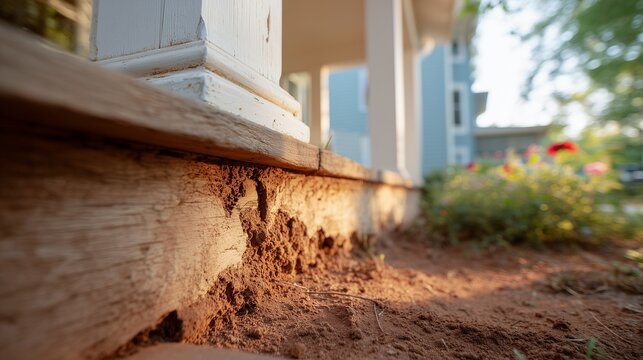 Damaged house foundation wood with termite trail and soil, showing pest inspection and termite control concern.