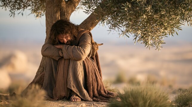 Prophet elijah sitting beneath a broom tree in the wilderness exhausted and discouraged during a moment of prayer and divine care.