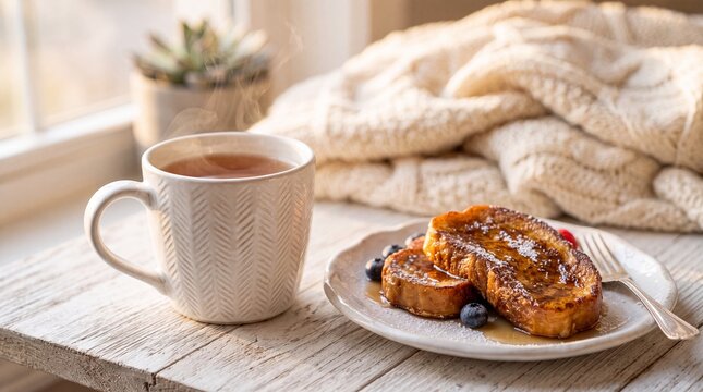 A warm and cozy breakfast setup with French toast and a cup of coffee on a rustic wooden table by a window.