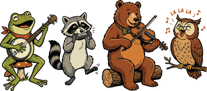 Whimsical forest animals band playing musical instruments, cute cartoon woodland creatures set, hand drawn folk music animal characters vector