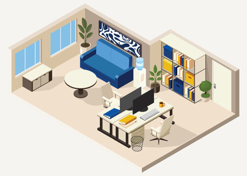 Modern isometric office workspace vector illustration with desk, sofa and shelving unit