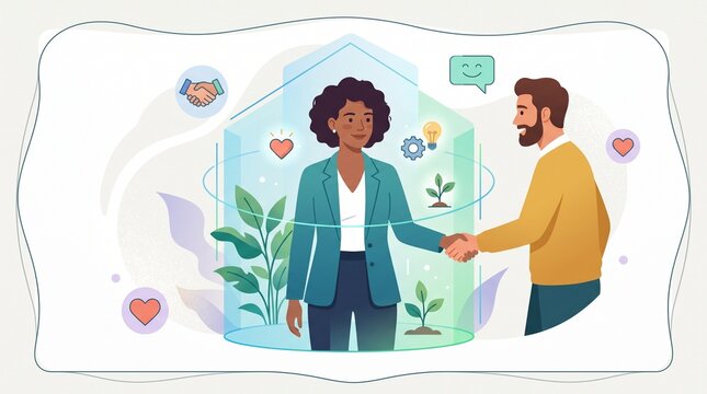 Woman setting emotional boundaries in business. Professional handshake with healthy personal space.