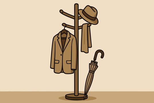 Classic brown wooden coat rack holding a beige jacket, hat, scarf, and an umbrella, on a plain background.