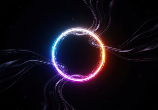 An ethereal glowing ring of vibrant light suspended in a dark void with soft bokeh particles and fluid light trails in a cosmic atmosphere, wallpaper, fluid, soft