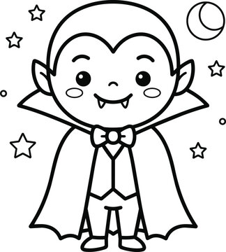 Smiling cartoon vampire in a cape under the moon