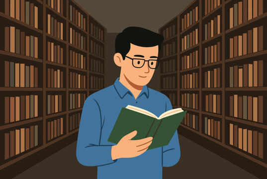 Young man wearing glasses and a blue shirt reading an open book while standing in front of tall library bookshelves.