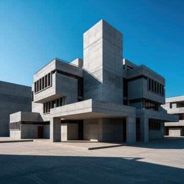 Stark concrete geometry with harsh shadows defining the angular, minimalist structure. Emphasizing functional brutalist architectural form, texture, gray, building