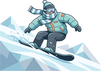 Snowboarder character riding down mountain slope, winter sports athlete in blue puffer jacket and scarf, extreme snowboarding vector illustration © Ansab
