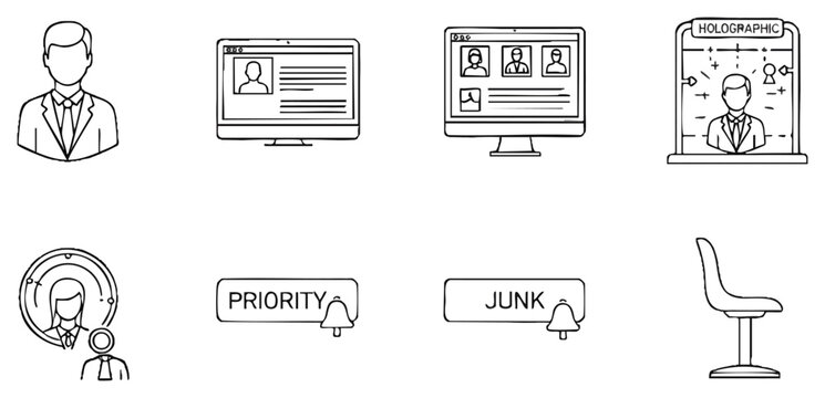 Flat design minimalist office icons with priority and junk mail sorting visuals, concept for productivity workflow, email management, task organization, and workplace efficiency illustrations
