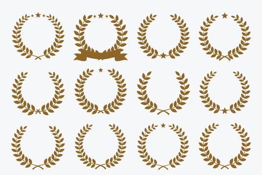 Set of golden laurel wreath frames with olive leaf branches and stars representing success, award, and victory.