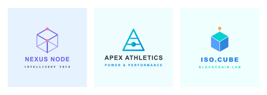 Abstract geometric tech logo collection with cube and pyramid vector designs.