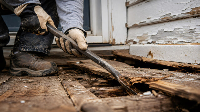 Worker using pry bar to dismantle old wooden deck floor. Construction man repairing rotten patio exterior. Building demolition, home renovation and maintenance project concept.