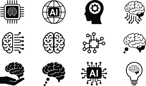 Artificial intelligence vector icons collection featuring black silhouette symbols of human brain microchip processors technology innovation data science and creativity
