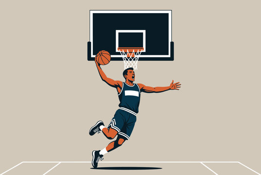 Dynamic illustration of a skilled male basketball player soaring high in the air for a powerful one-handed slam dunk.
