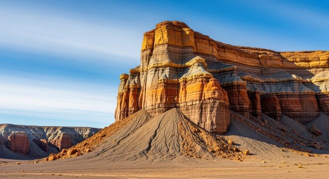 Majestic rock formations rise from a dry desert floor under a clear blue sky, showing layers of geological history and eroded textures, dry, nature, canyon