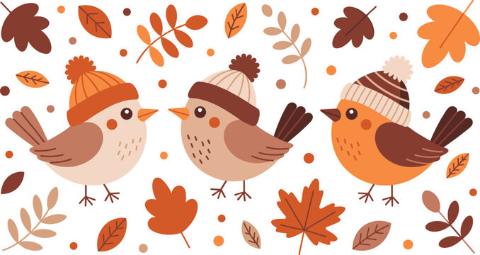 Cute cartoon autumn birds vector collection with three little sparrows wearing winter hats surrounded by colorful fall leaves foliage elements