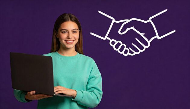 Happy professional person holding laptop, partnership, business deal, handshake icon, online work, successful collaboration, remote job, startup agreement, digital contract, smart employee, commerce.