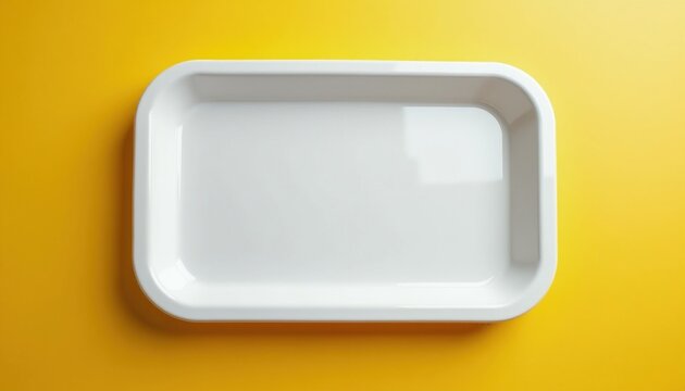 Top view of empty white rectangular tray with rounded edges on vibrant yellow background. Modern kitchen dish for serving food. Minimalist dining accessory with clean surface design. Smooth ceramic