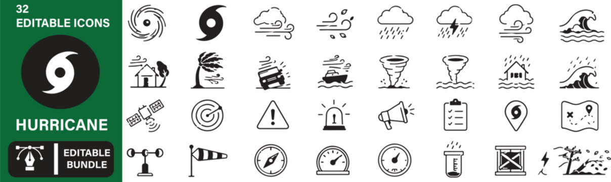 Hurricane Weather Disaster Vector Outline Icon Set - 32 Editable Storm, Cyclone, Tornado, Wind and Emergency UI Icons Pack
