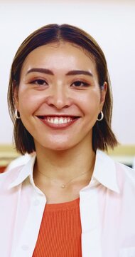 Face, teacher or happy woman in drumming class for taiko tradition or Japanese culture. Portrait, female person or smile with instrumental coach for audio ceremony or sound production in music studio