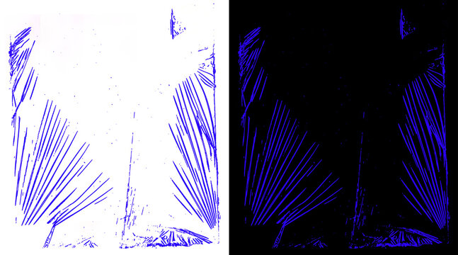 Abstract blue ink stamp texture, grunge linocut print effect on white and black background, artistic hand-drawn linework pattern for graphic design