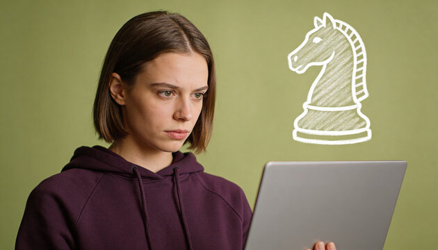Focused person looking at laptop screen planning chess strategy. Smart student analyzing game tactics, online gaming, business logic, thinking.