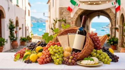 A braided cornucopia with ripe grapes, Italian cheese and a bottle of red wine on the background of a cozy Italian street