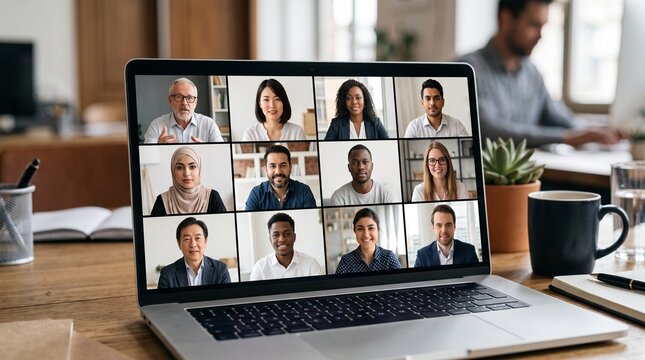 Diverse group of professionals participating in a virtual meeting on a laptop screen