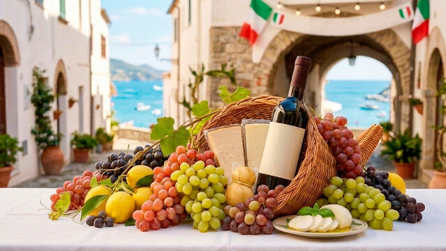 A braided cornucopia with ripe grapes, Italian cheese and a bottle of red wine on the background of a cozy Italian street
