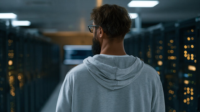 Database administrator staring at rows of server rack indicator lights in a cool-lit data center, over the shoulder view showing terminal commands on a wall monitor,