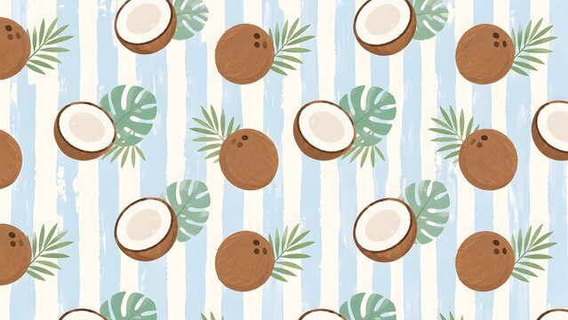 Seamless pattern with coconuts and tropical palm leaves on a blue and white striped background