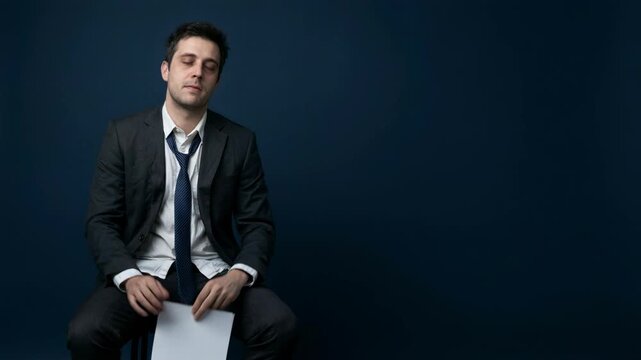 Stressed businessman holding empty paper sheet. Man in suit showing blank flyer against dark wall. Professional clerk expressing frustration and workplace pressure.