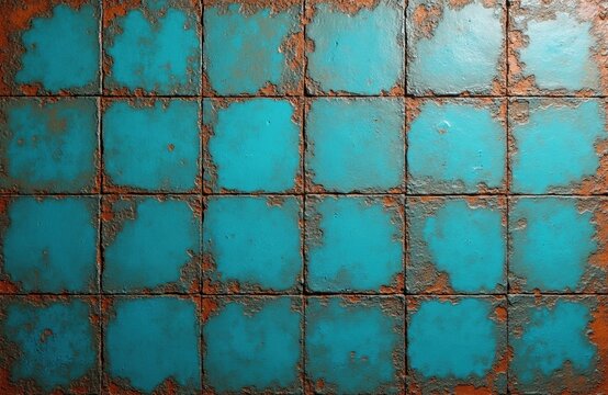 Old turquoise wall tiles with rusty weathered texture. Distressed square ceramic pattern for creative background design. Grunge retro surface with faded blue finish on concrete base. Industrial style
