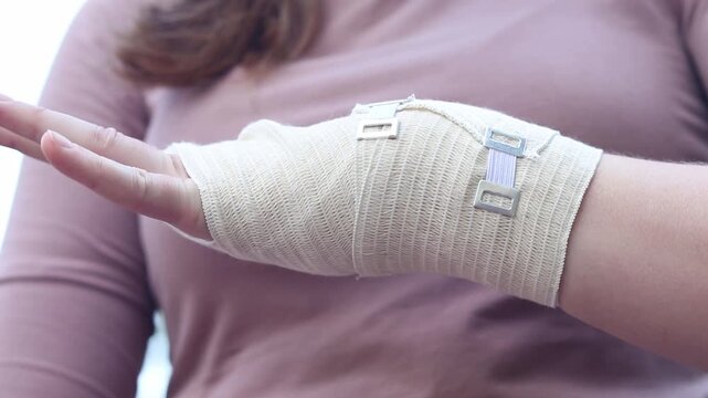 Woman with bandaged hand sitting on bench. Close-up of female hands with elastic bandage on wrist. Hand injury, sprain. Woman holding injured hand bandaged with medical bandage