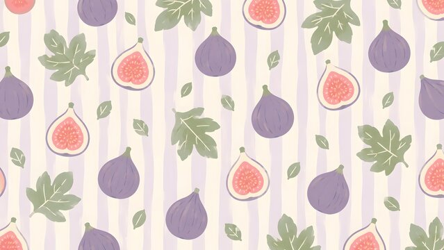 Seamless pattern with hand drawn figs and leaves on a striped background