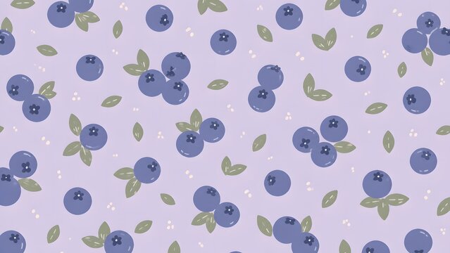 Seamless pattern with cute blueberries and leaves on a light purple background, handdrawn vector illustration for fabric, textile, wrapping paper, wallpaper