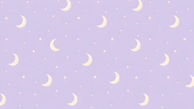 Seamless pattern with cute crescent moons and stars on a soft pastel purple background
