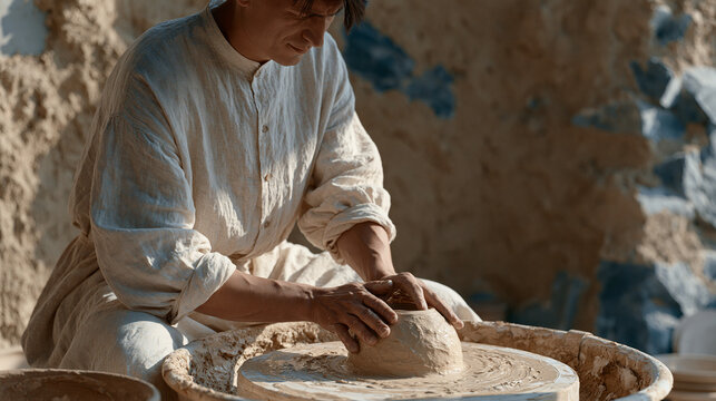 A Ukrainian ceramicist trimming the foot of a pot on a slow wheel in a studio with raw clay walls, over the shoulder view, hands steady and practiced, artisan pottery, small