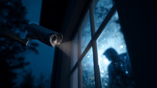 Cctv camera watches a house window at night, showing home alarm system security and surveillance for intrusion prevention.