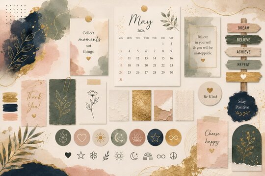 Boho Monthly Planner and Stationery Collection with Botanical Elements