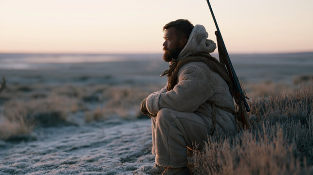 A hunting guide crouches in a frost-covered field at dawn reading deer tracks beside a hedgerow, rifle slung across his back, breath visible in cold November air above a desolate
