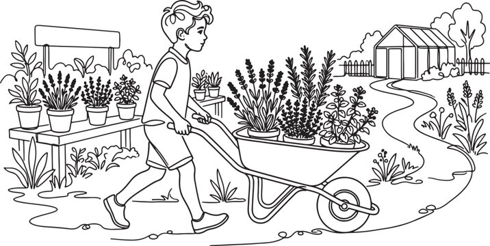 boy pushing wheelbarrow with plants in garden
