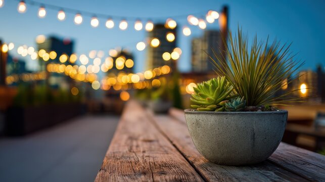 A succulent plant in a concrete pot on a wooden ledge at sunset. Perfect for urban living.