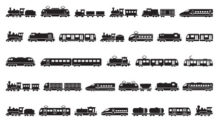 Vintage and modern train silhouettes, collection of 32 railway transportation icons. Steam locomotive and high speed train vector set. Black freight and passenger rail car symbols. © khadija