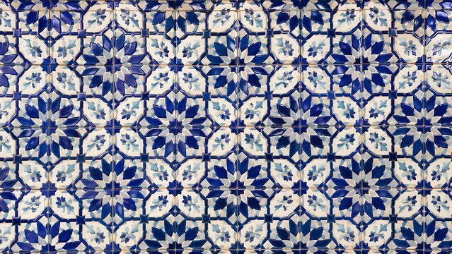Traditional portuguese azulejo tiles with intricate blue and white geometric floral patterns, classic mediterranean ceramic wall decoration