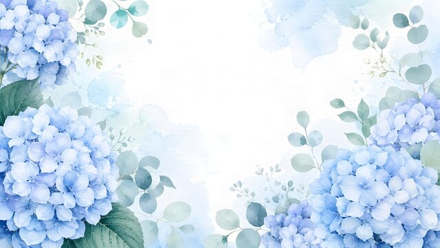 Beautiful watercolor illustration with blue hydrangea flowers and eucalyptus leaves, elegant floral frame design on white background
